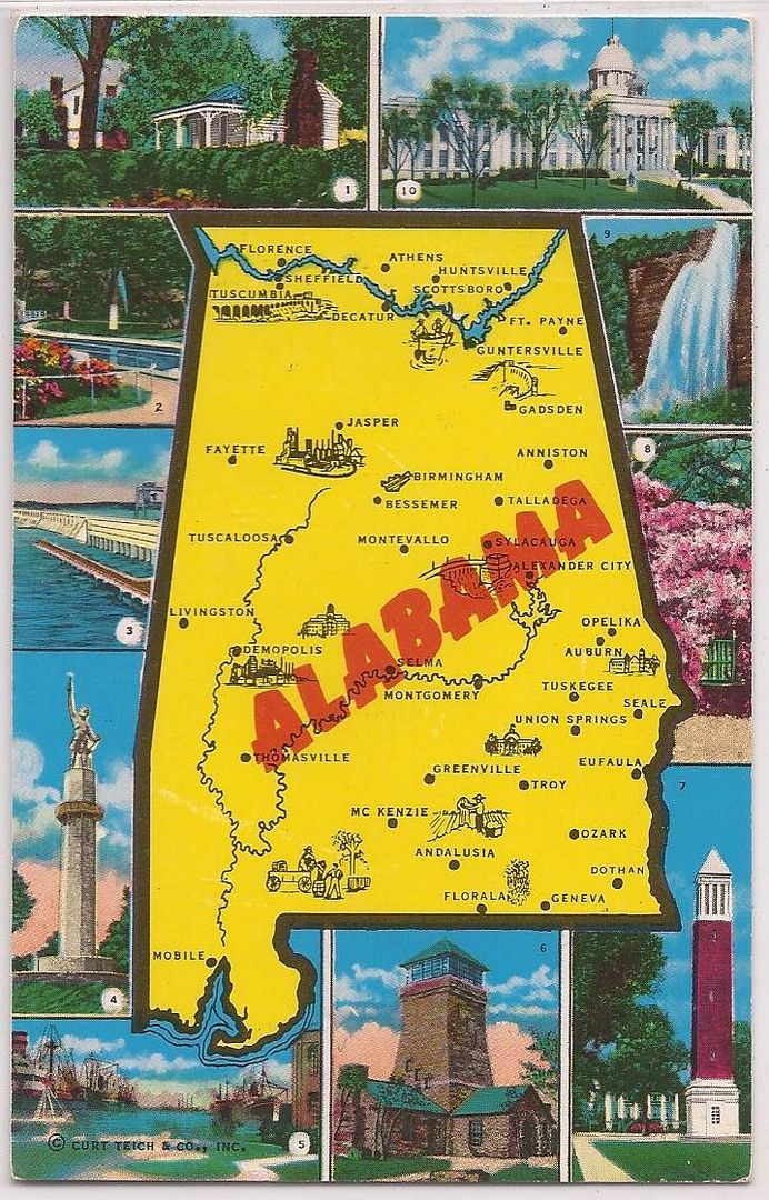 Alabama Postcard State Map W  10 Scenic Views & Major Cities C1950s 