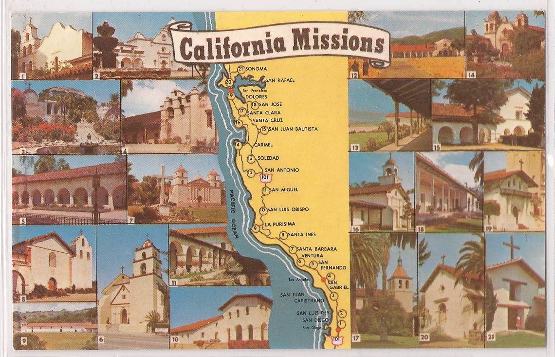 California Missions Map Postcard All 21 Mission Front Views c1960s