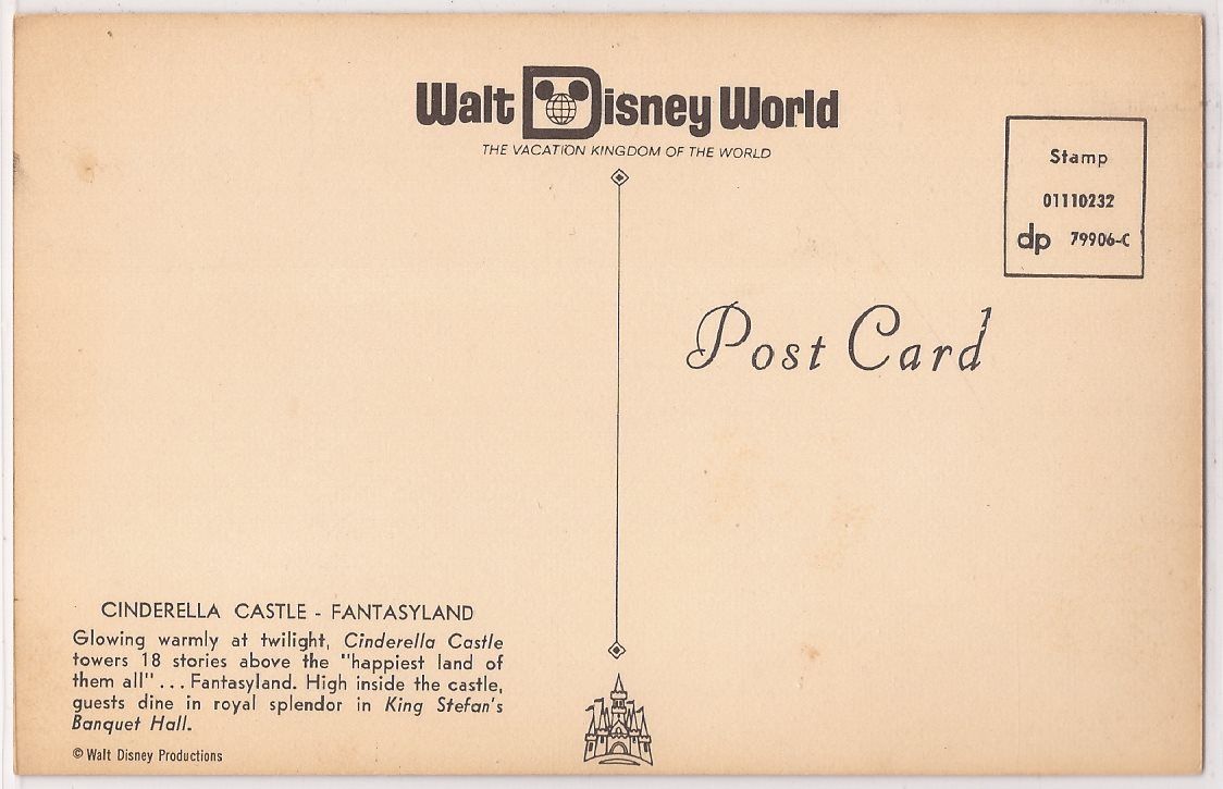 walt disney world postcard "cinderella castle" sunset scene c