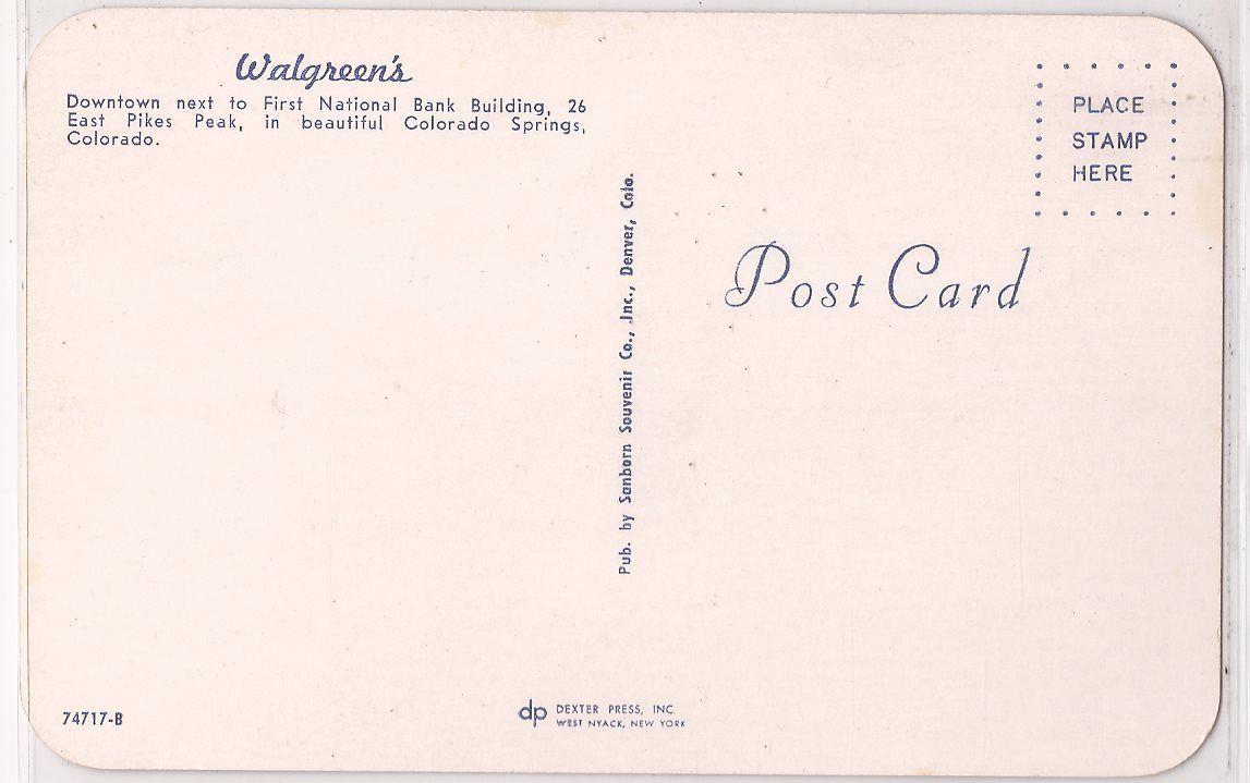 Colorado Springs CO Postcard WALGREENS Drug Store Street View 1950s