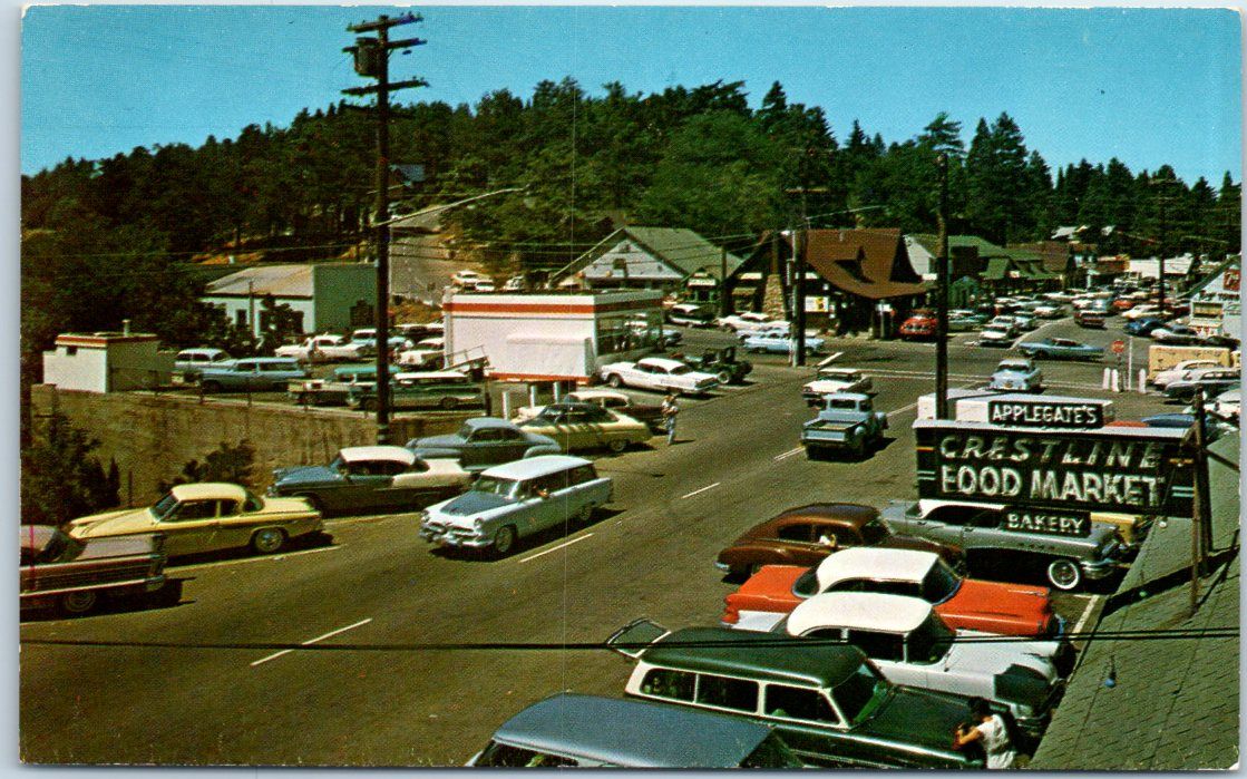 Crestline, California Postcard Main Street Downtown Scene w/ 1950s Cars