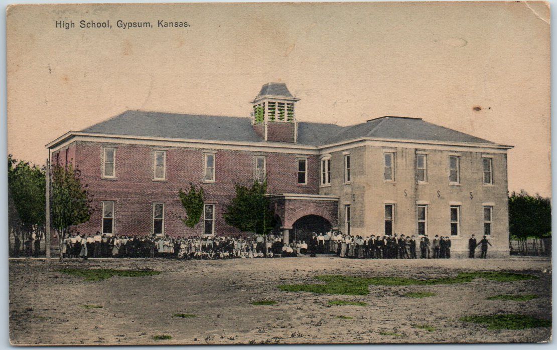 Gypsum, Kansas Postcard "High School" Building View w/ Students 1914