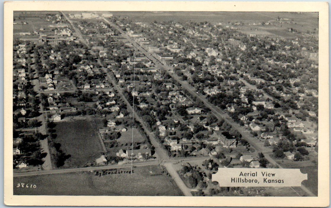 Hillsboro, Kansas Postcard "Aerial View " Downtown Area Dexter Press