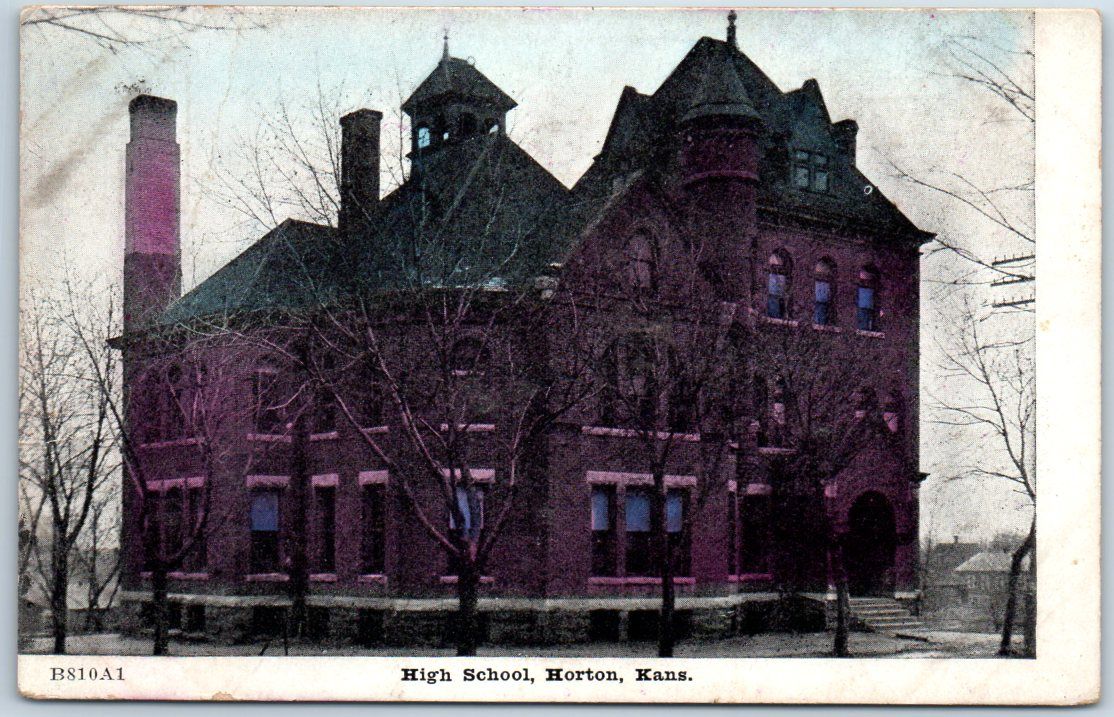 Horton, Kansas Postcard "High School" Building View w/ 1909 KS Cancel