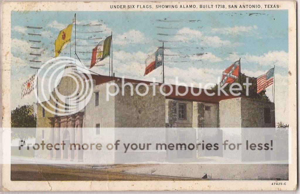 San Antonio Texas Postcard Alamo Building Under Flags Street View 1932 