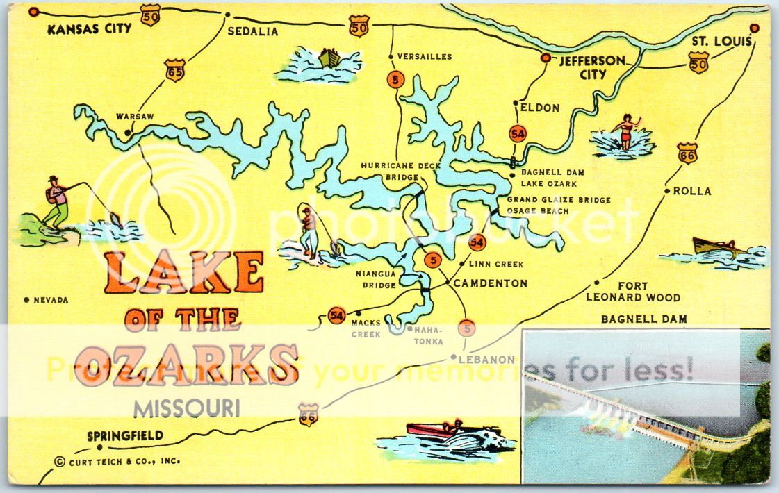 LAKE OF THE OZARKS Missouri Postcard Big Letter Area Road Map Curteich ...